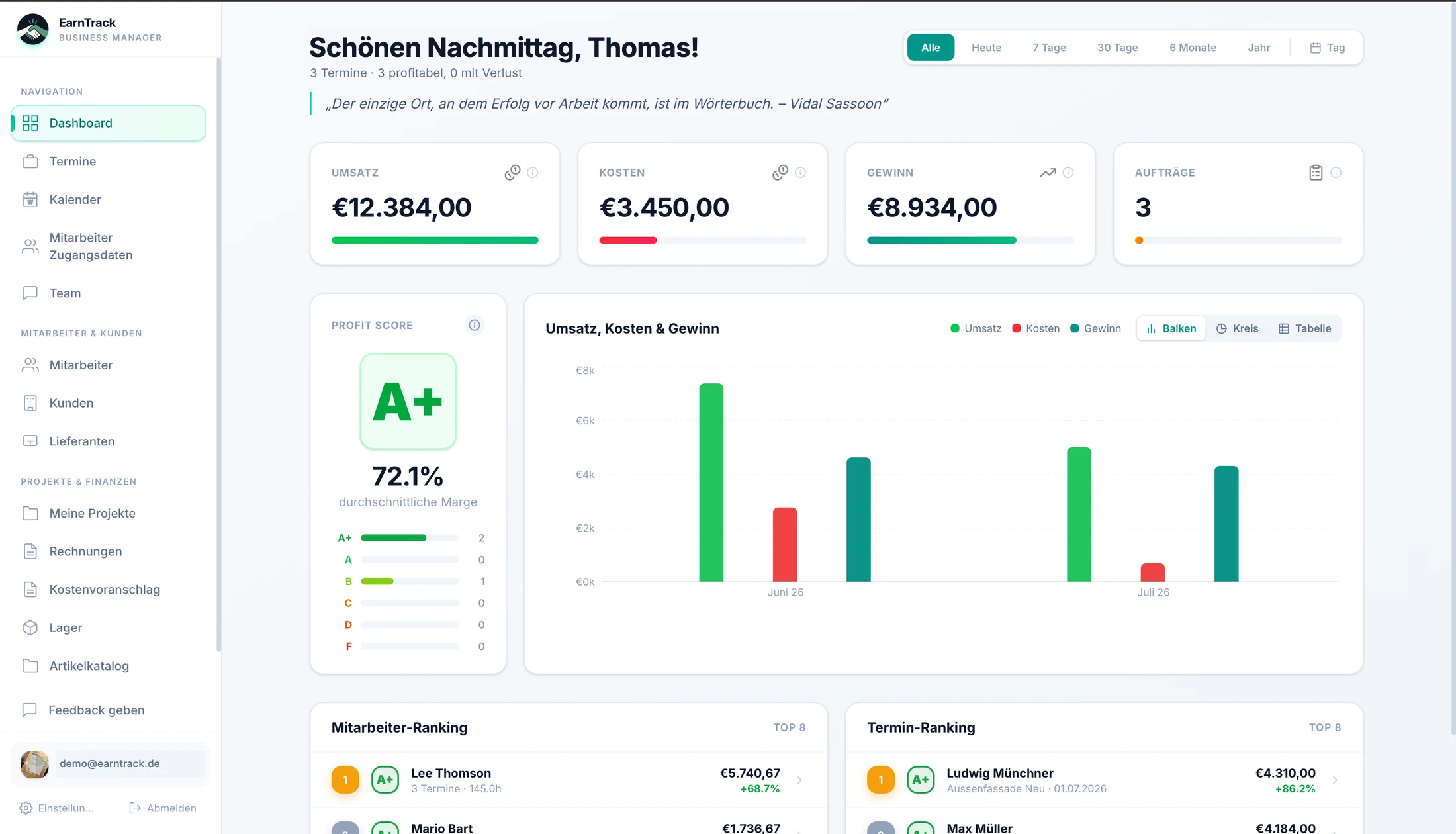 EarnTrack Dashboard auf dem Desktop