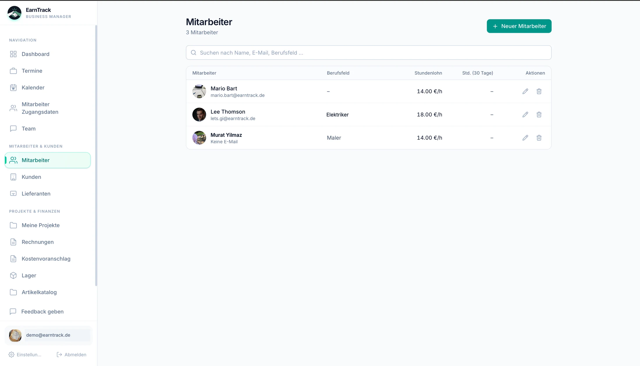 EarnTrack Mitarbeiter Übersicht