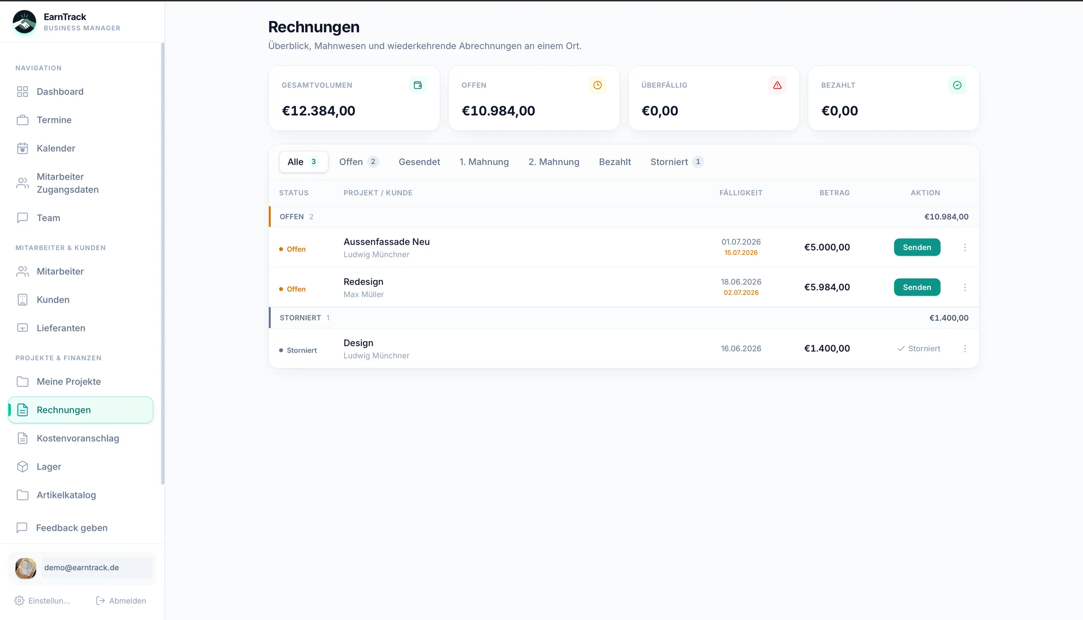 EarnTrack Rechnungen & Mahnwesen